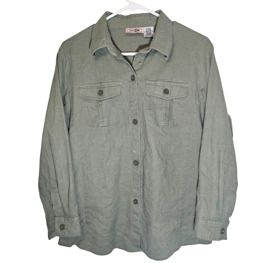 Louise Paris Women Green Linen Blend Button Down Long Sleeve Shirt Large Natural